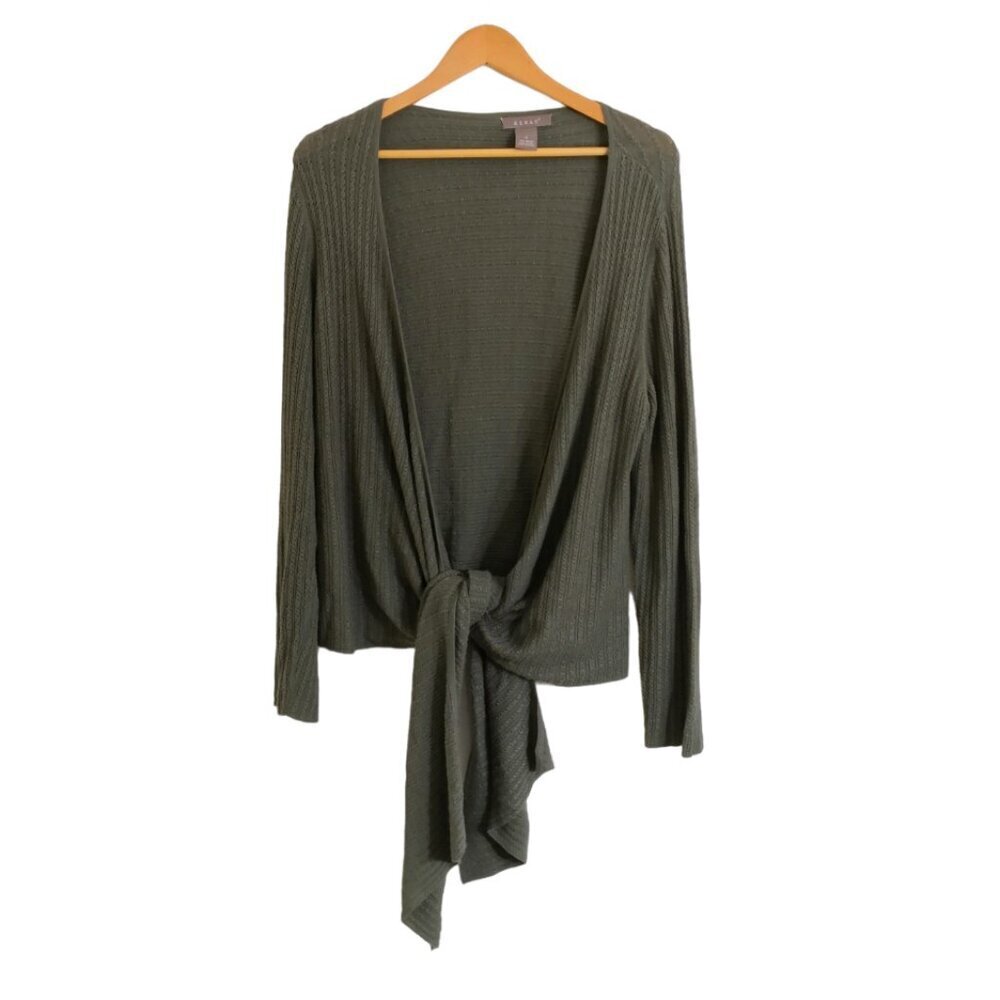 Kenar Cotton Open Front‎ Tie Cable Knit Cardigan Sweater Military Green Size S